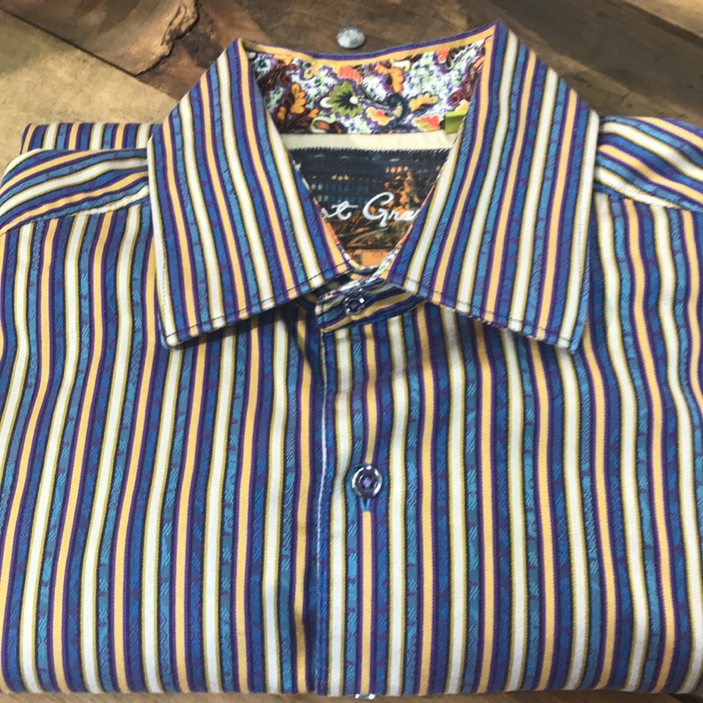 Robert Graham Men’s Multi-Stripe Button-Down Shirt in Blue, Yellow and Purple